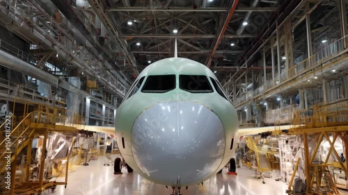 Close up of a new passenger plane in a modern industrial factory, aircraft construction with scaffolding and production line for airline industries