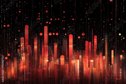 Abstract Red and Black Cityscape with Lights and Patterns