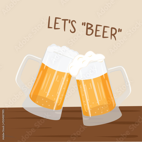 Beer mug vector. Clipart of clinking beer mugs with foam on table. Classic German beer mug. Light Beer Glass. Flat vector in cartoon style. Summer element. 