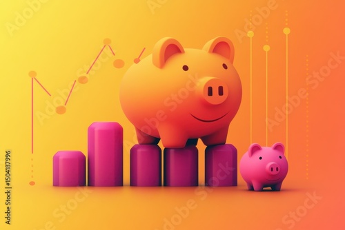 Colorful Piggy Banks with Bar Graph on Bright Gradient Background