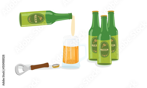 Beer bottle and beer mug vector. Clipart of pouring beer from bottle to mug. Green craft or traditional beer bottle flat vector in cartoon style isolated on white background.