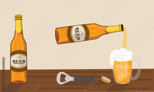Beer bottle and beer mug vector. Clipart of pouring beer from bottle to mug. Brown amber craft or traditional beer bottle flat vector in cartoon style isolated on table background.
