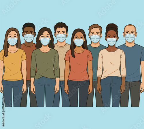 Diverse Group of People Wearing Protective Face Masks Standing Together for Health Safety and Pandemic Prevention