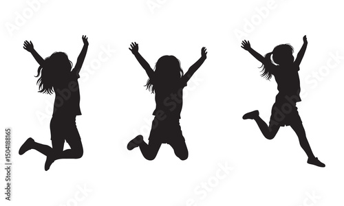 Jumping girl black silhouette vector, Simple silhouette Design vector icon with white background. Jumping kid silhouette