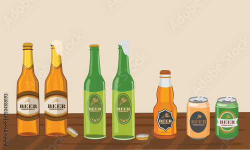 Beer bottle vector set. Clipart of green and brown beer bottle. Oktoberfest element. Flat vector in cartoon style isolated on table background.