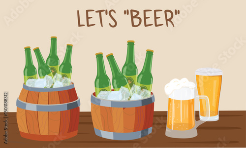 Beer vector set. Chilled green beer bottles in an ice bucket alongside with beer mugs. Flat vector in cartoon style isolated on table background. Summer element.