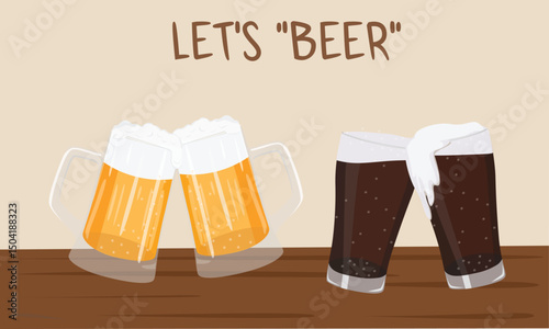 Beer mug cartoon vector. Clipart of clinking beer mugs with foam. Pint glass of light beer and stout of dark ale. Flat vector in cartoon style isolated on wooden table background. Summ