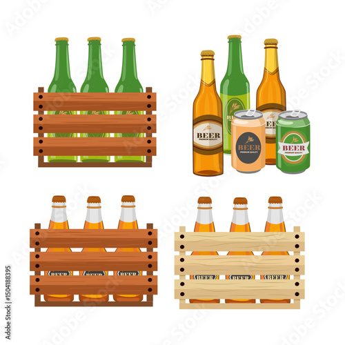 Beer vector set. Packs of beer bottles in different colored wooden crates. Oktoberfest beverages. Flat vector in cartoon style.