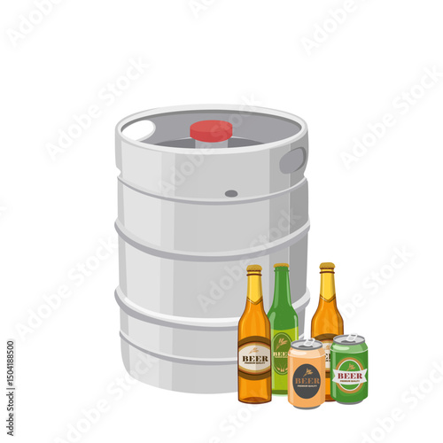 Beer keg vector with can and bottle of beer. Metal Beer Keg – Large container for storing draft beer. Flat vector in cartoon style isolated on white background.