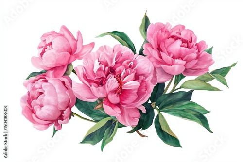 Fototapeta Naklejka Na Ścianę i Meble -  beautiful pink peonies flowers with green leaves isolated on white background
