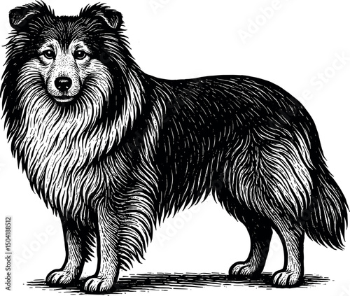 Shetland Sheepdog full body side view and facing towards the front vector black silhouette cricut print design isolated on a plain white background