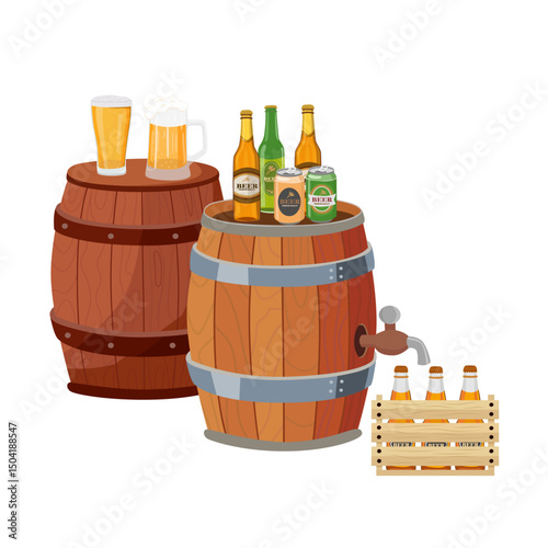Wooden beer barrel vector set. Classic wooden cask with tap, vintage  barrel, decorative old-style beer cask. Flat vector in cartoon style. Crate, bottle and mug of beer. Flat vector in cartoon s