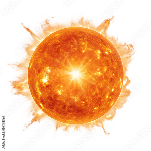 Graphic stylized sun star with dramatic solar flares isolated on a transparent background