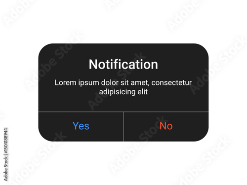 Dark notification pop up UI design with yes and no buttons on a transparent background for mobile app and web alert interface in a minimal modern style