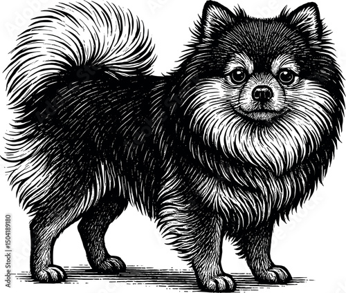 Pomeranian full body side view and facing towards the front vector black silhouette cricut print design isolated on a plain white background