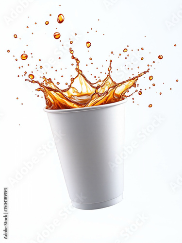 Splash of soda flying out of white plastic cup, isolated on white.