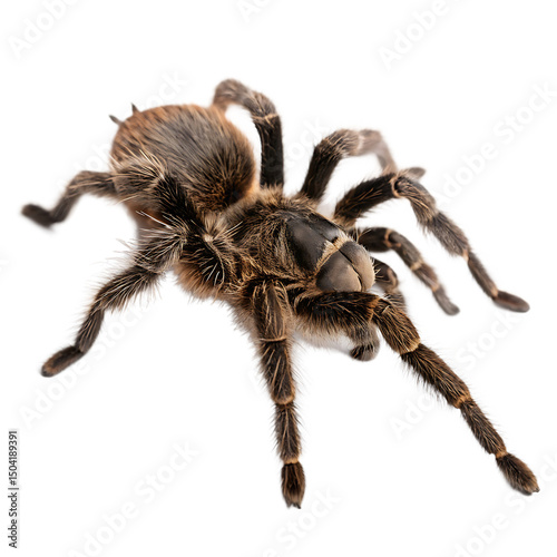 Hairy brown tarantula spider crawling slowly now isolated on a transparent background