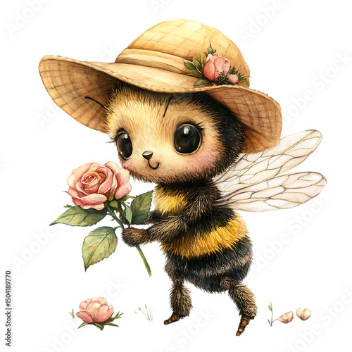 Whimsical watercolor isolated on white, baby bee in a sunhat holding a mini rose bouquet, hovering softly in mid-air Gentle Garden Messengers Celebration Bees