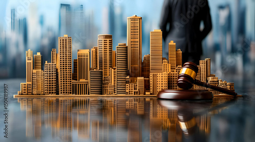 Wooden Cityscape Model with Gavel and Blurred Businessperson Background