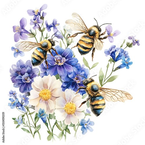 Whimsical watercolor isolated on white, bee trio floating in harmony, each holding different floral bunches: violets, peonies, and daisies Gentle Garden Messengers Celebration Bees