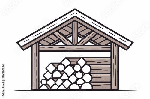 Rustic Firewood Shelter Illustration – Stacked Winter Woodpile Drawing