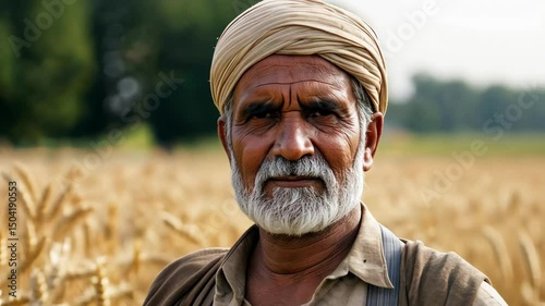 Portrait of senior man with beard holding grain sack in golden wheat field. Agriculture and harvest concept.