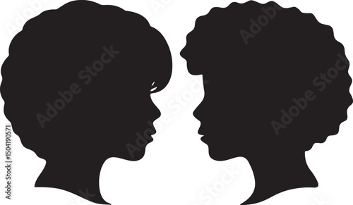 Silhouette of Mutual Gaze: Two interconnected black silhouettes, showcasing elegant side profiles facing each other in contemplative silence, symbolizing unity, and connection.