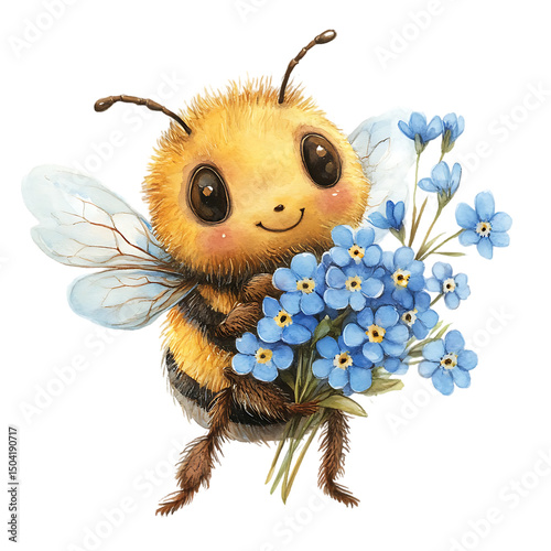 Whimsical watercolor isolated on white, smiling bee holding a tiny bouquet of daisies and clover, pastel tone, delicate wings Gentle Garden Messengers Celebration Bees