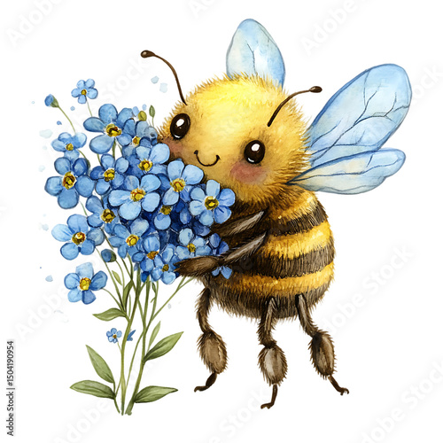 Whimsical watercolor isolated on white, smiling bee holding a tiny bouquet of daisies and clover, pastel tone, delicate wings Gentle Garden Messengers Celebration Bees