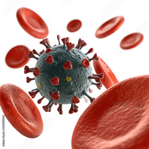 Illustration of viral pathogen invading a human cell isolated on a transparent background