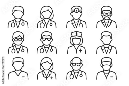 Medical professionals in various roles represented in simple line art style suitable for healthcare themes