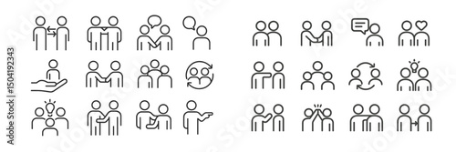 Various simple line icons depicting human interactions and social activities in a neutral style