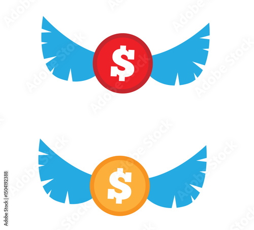 Dollar Coin with Wings Different Colors. Money and finances concept vector art