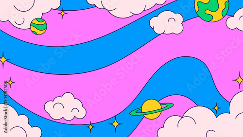 Background design colorful cartoon space with clouds and planets