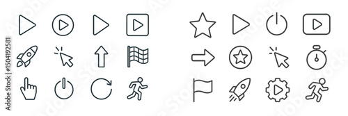 Various simple icons representing multimedia controls, navigation elements, and activity indicators for user interface design
