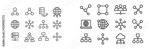Collection of line art icons representing networking concepts, data structure, and global connectivity in a minimalist style