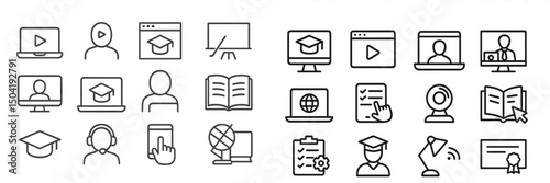Multiple icons representing different aspects of online learning platforms and educational technology used for virtual classes