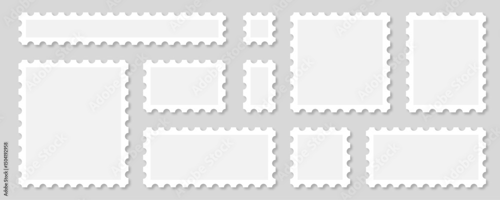 Obraz premium Postage white and gray stamp big collection. Vector design template illustration. Different shapes. Post office, postal blank, sticker, frame set. Empty space.