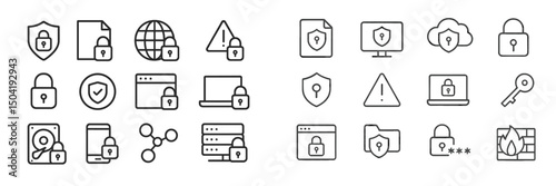 Collection of security icons depicting online safety measures and data protection techniques