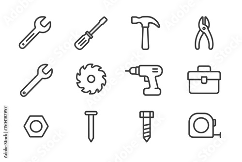 Tools for home improvement project organized on white background