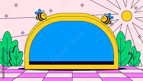 Background design cute cartoon bees on colorful arch display