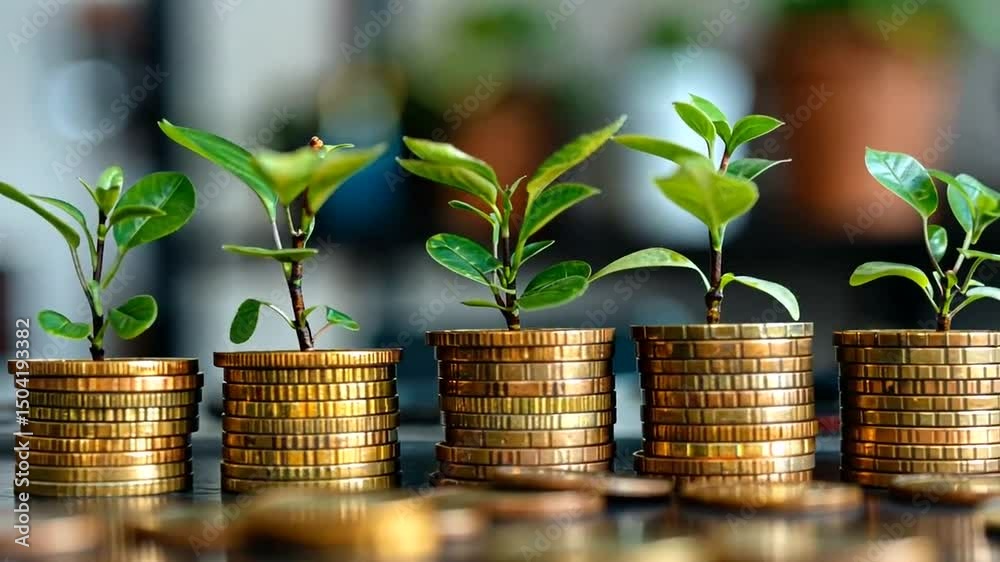 Coin stacks nurturing vibrant sprouts upwards