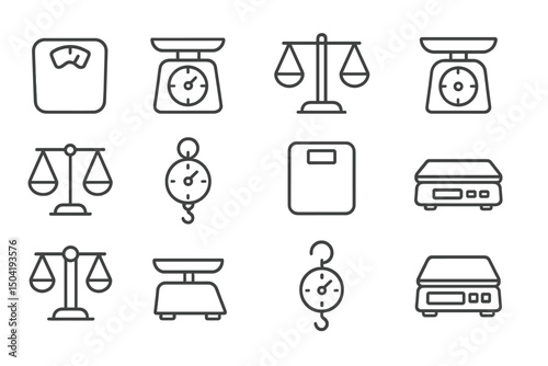 Collection of various weighing devices including scales and balances on a simple background