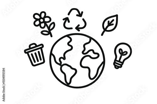 Earth surrounded by symbols of sustainability and environmental awareness in a minimalistic design