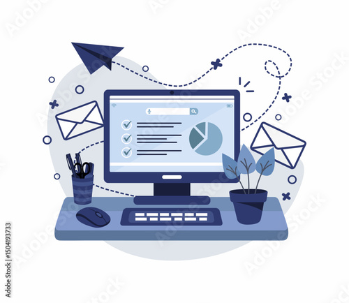 Illustration of a blue computer on a white background.