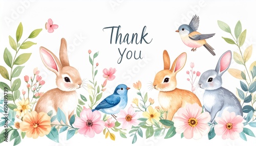 可愛い小動物と小鳥のありがとうメッセージカードThank you message card with cute small animals and birds