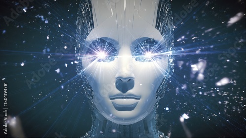 Humanoid artificial intelligence facing forward with glowing eyes and crystalline structure
