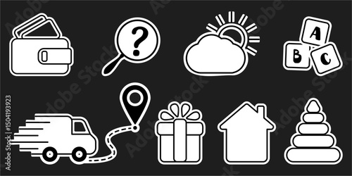 Set of isolated icons for infographics in single flat style. Vector signs for online store design. Truck, delivery, gift, wallet, money, pyramid, cubes, toys, cloud, sun, weather, magnifying glass.