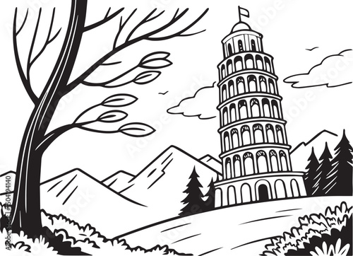 Architectural Silhouette of Leaning Tower with Forest