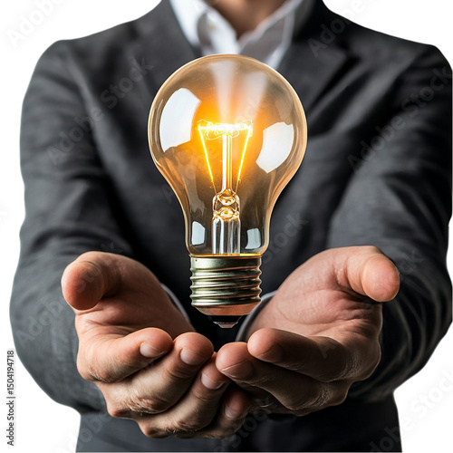 Glowing lightbulb held in open hands businessman idea concept power bright on transparent background